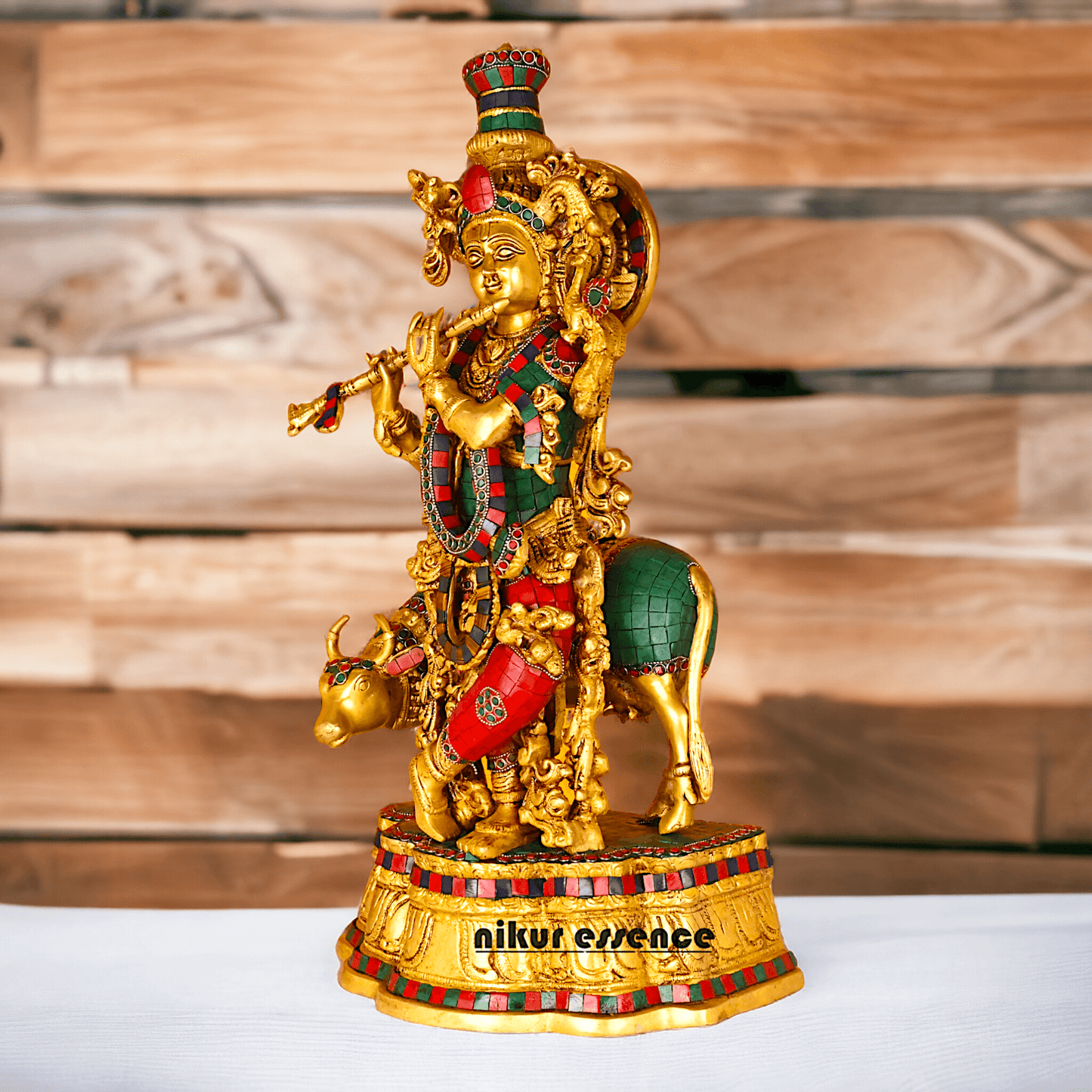 Buy Krishna with Cow | Brass Krishna with Cow | Pure Krishna with Cow-nikuressence Idols Nikuressence