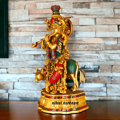 Buy Krishna with Cow | Brass Krishna with Cow | Pure Krishna with Cow-nikuressence Idols Nikuressence