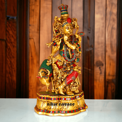 Buy Krishna with Cow | Brass Krishna with Cow | Pure Krishna with Cow-nikuressence Idols Nikuressence