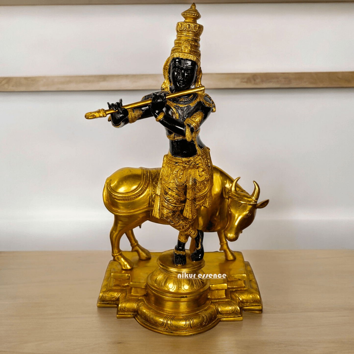 Large brass Krishna with Cow Statue | brass Krishna with Cow Statue- 25 inch height Idols Nikuressence