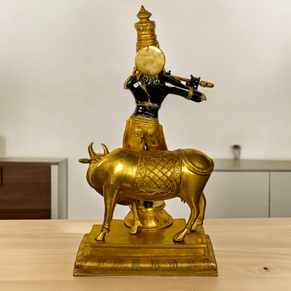 Large brass Krishna with Cow Statue | brass Krishna with Cow Statue- 25 inch height Idols Nikuressence