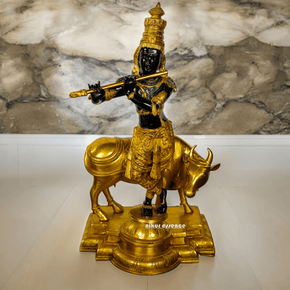 Large brass Krishna with Cow Statue | brass Krishna with Cow Statue- 25 inch height Idols Nikuressence