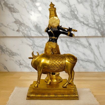 Large brass Krishna with Cow Statue | brass Krishna with Cow Statue- 25 inch height Idols Nikuressence