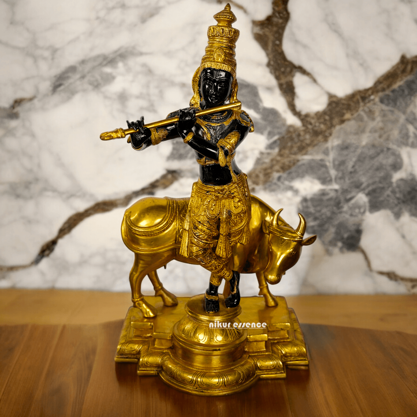 Large brass Krishna with Cow Statue | brass Krishna with Cow Statue- 25 inch height Idols Nikuressence