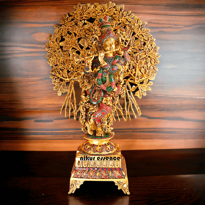 Pure Brass Krishna with Tree Design | Hindu God Krishna | Brass Krishna | Stone work