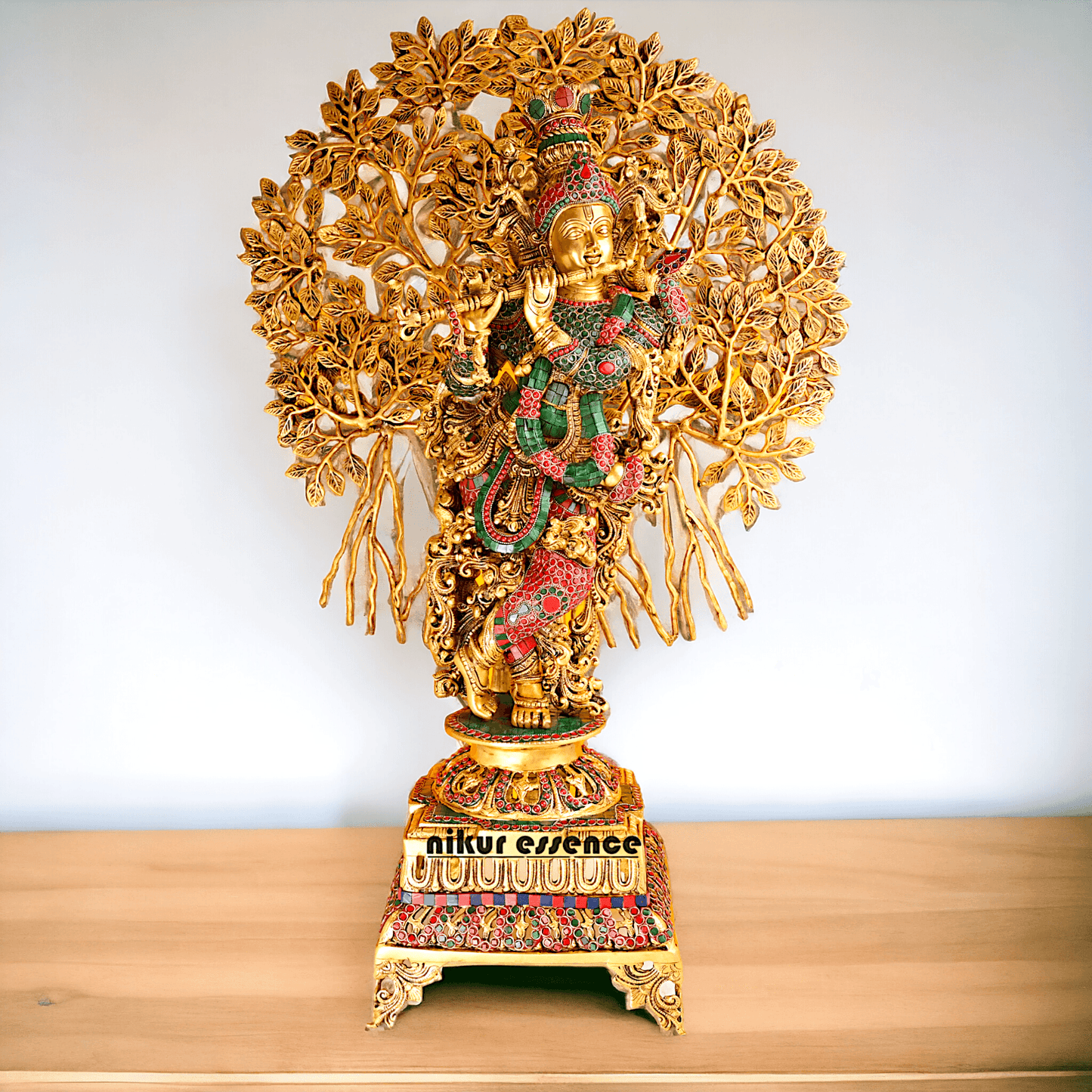 Pure Brass Krishna with Tree Design | Hindu God Krishna | Brass Krishna | Stone work