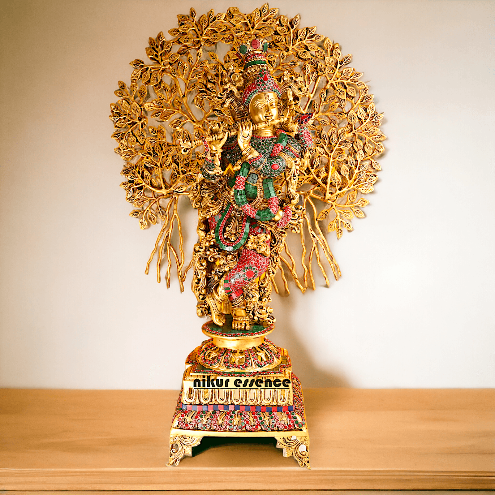 Pure Brass Krishna with Tree Design | Hindu God Krishna | Brass Krishna | Stone work