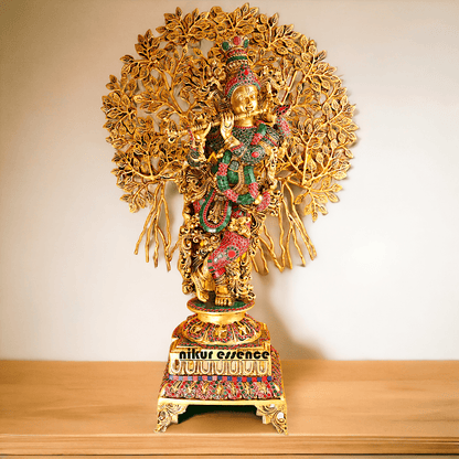 Pure Brass Krishna with Tree Design | Hindu God Krishna | Brass Krishna | Stone work