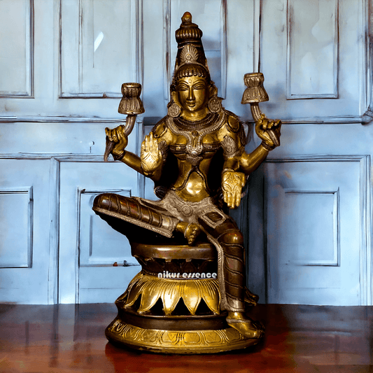 Buy Brass Lakshmi Devi Seated on a Lotus, Handcrafted 12-Inch Spiritual Masterpiece for Home Decor and Puja Room Brass Nikuressence