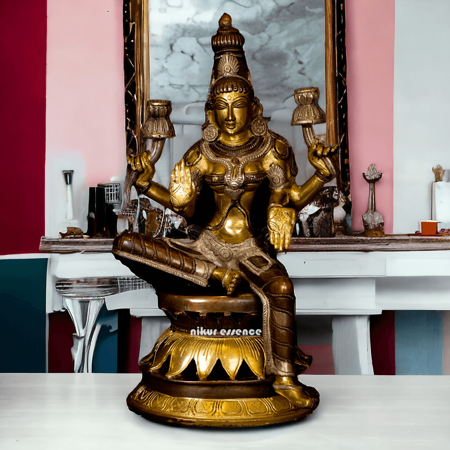 Buy Brass Lakshmi Devi Seated on a Lotus, Handcrafted 12-Inch Spiritual Masterpiece for Home Decor and Puja Room Brass Nikuressence