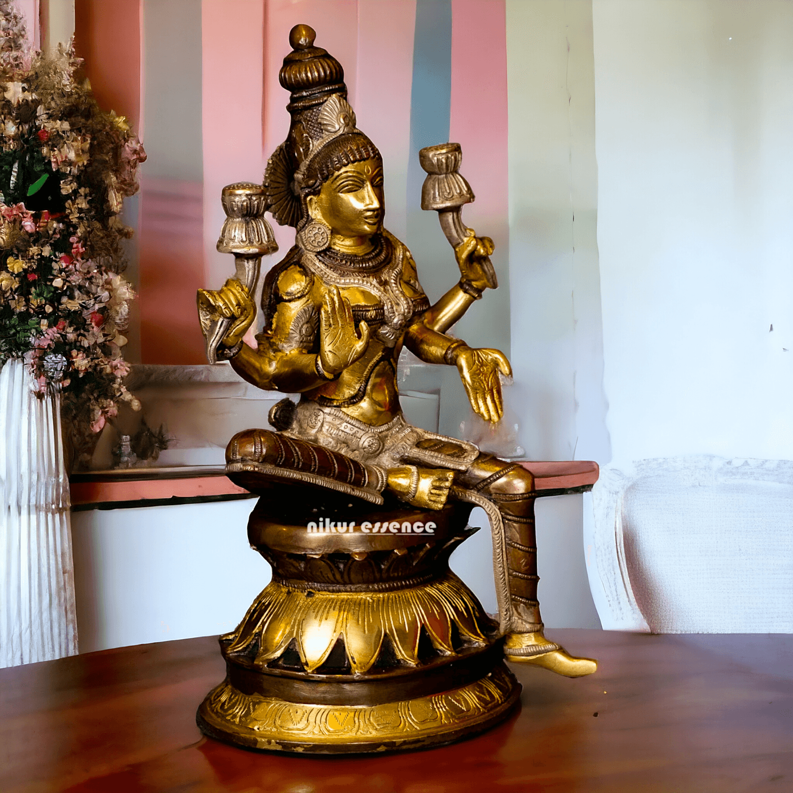 Buy Brass Lakshmi Devi Seated on a Lotus, Handcrafted 12-Inch Spiritual Masterpiece for Home Decor and Puja Room Brass Nikuressence