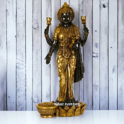 Buy Brass Lakshmi Statue online,Standing on Lotus in Black and Golden Goddess Dhana Traditional Hindu Religious Figurine with Intricate Detailing