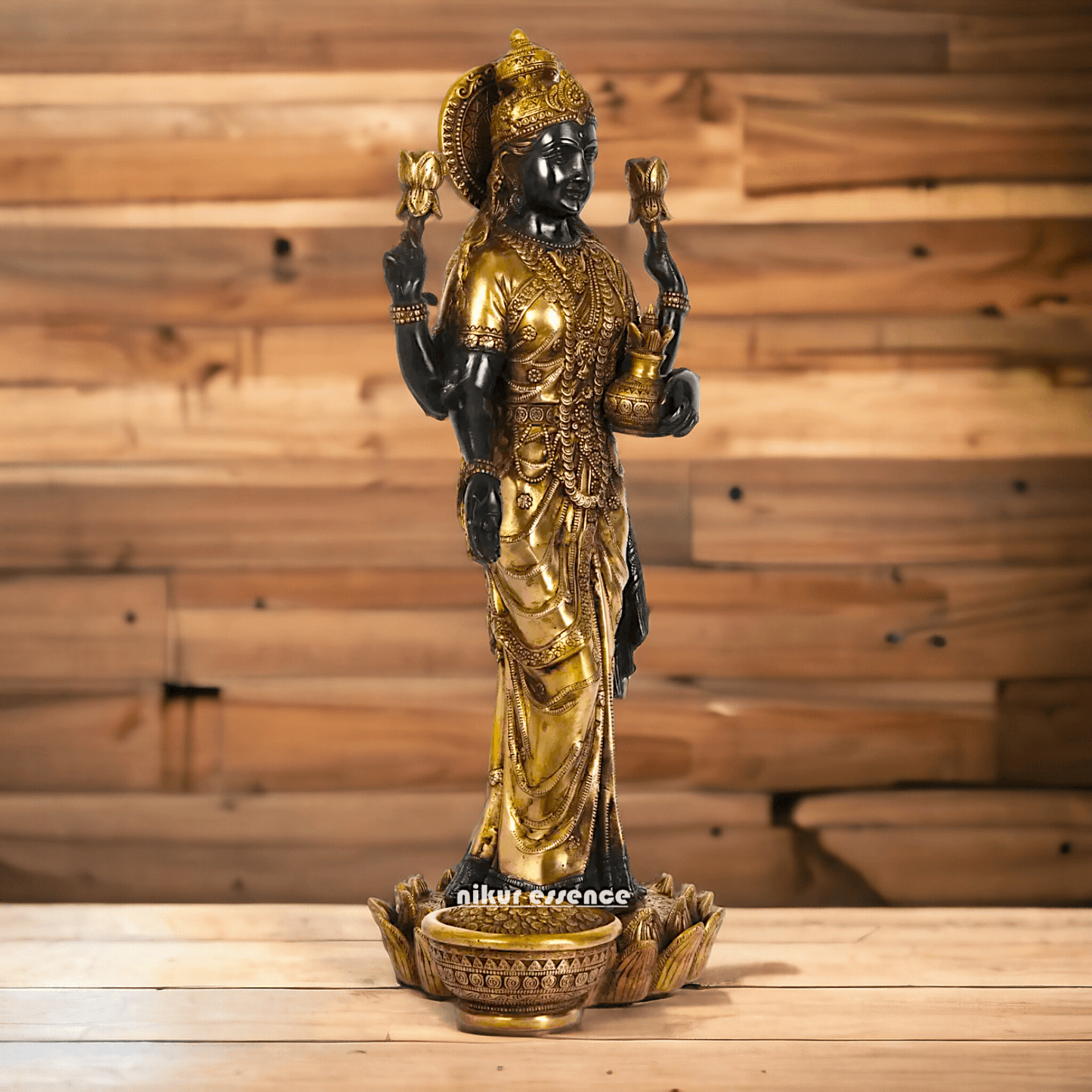 Buy Brass Lakshmi Statue online,Standing on Lotus in Black and Golden Goddess Dhana Traditional Hindu Religious Figurine with Intricate Detailing