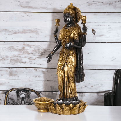 Buy Brass Lakshmi Statue online,Standing on Lotus in Black and Golden Goddess Dhana Traditional Hindu Religious Figurine with Intricate Detailing