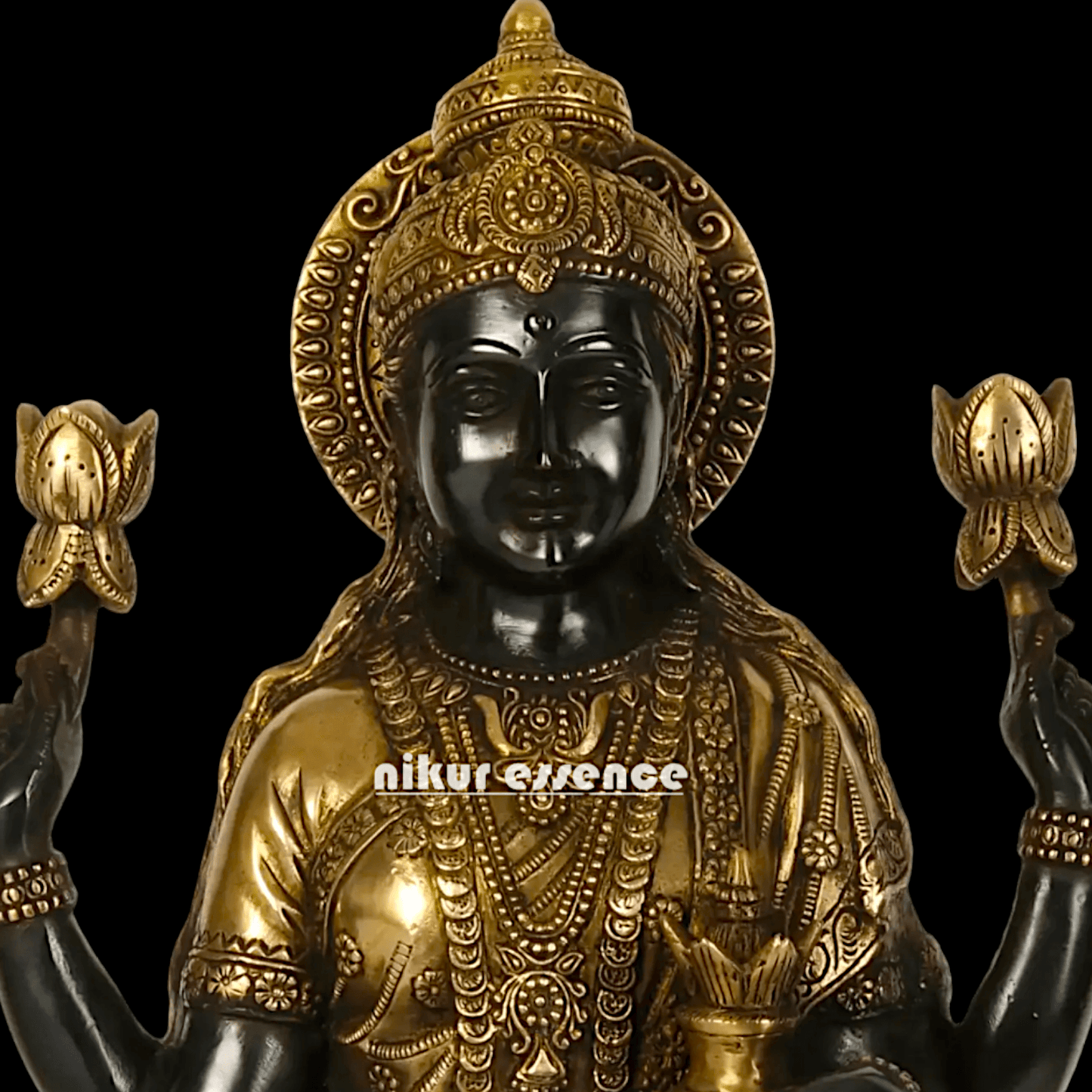 Buy Brass Lakshmi Statue online,Standing on Lotus in Black and Golden Goddess Dhana Traditional Hindu Religious Figurine with Intricate Detailing