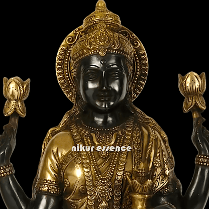 Buy Brass Lakshmi Statue online,Standing on Lotus in Black and Golden Goddess Dhana Traditional Hindu Religious Figurine with Intricate Detailing