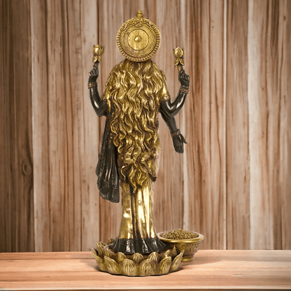 Buy Brass Lakshmi Statue online,Standing on Lotus in Black and Golden Goddess Dhana Traditional Hindu Religious Figurine with Intricate Detailing