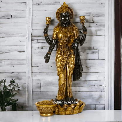 Buy Brass Lakshmi Statue online,Standing on Lotus in Black and Golden Goddess Dhana Traditional Hindu Religious Figurine with Intricate Detailing