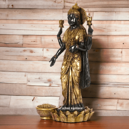 Buy Brass Lakshmi Statue online,Standing on Lotus in Black and Golden Goddess Dhana Traditional Hindu Religious Figurine with Intricate Detailing