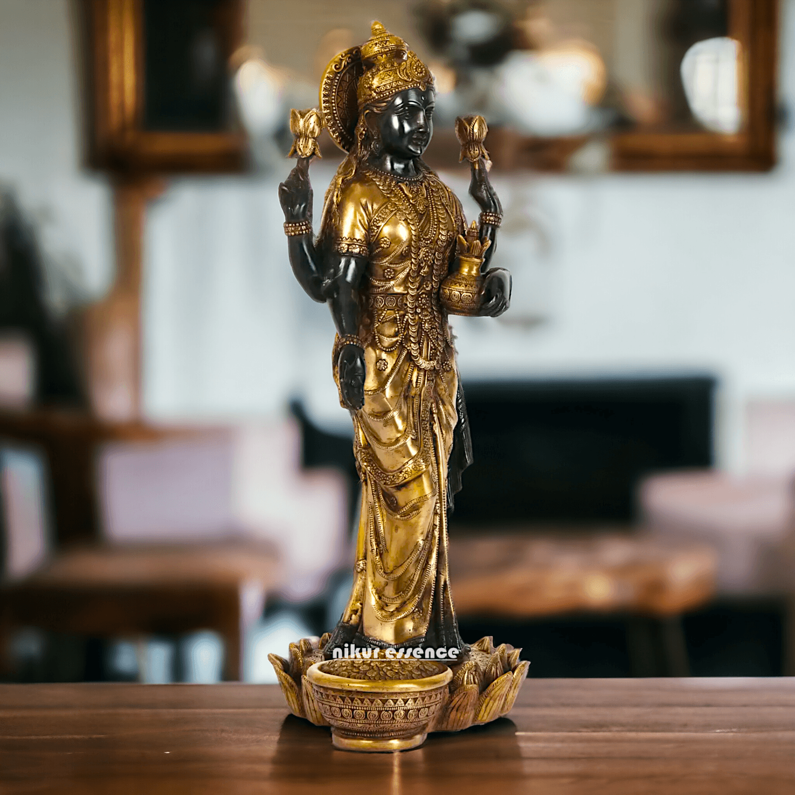 Buy Brass Lakshmi Statue online,Standing on Lotus in Black and Golden Goddess Dhana Traditional Hindu Religious Figurine with Intricate Detailing