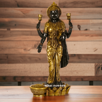 Buy Brass Lakshmi Statue online,Standing on Lotus in Black and Golden Goddess Dhana Traditional Hindu Religious Figurine with Intricate Detailing