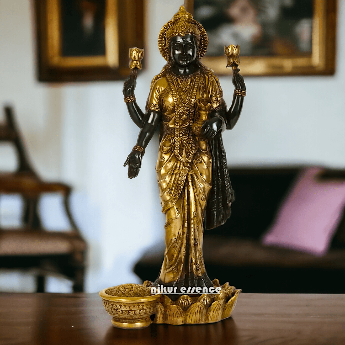 Buy Brass Lakshmi Statue online,Standing on Lotus in Black and Golden Goddess Dhana Traditional Hindu Religious Figurine with Intricate Detailing