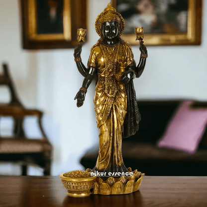 Buy Brass Lakshmi Statue online,Standing on Lotus in Black and Golden Goddess Dhana Traditional Hindu Religious Figurine with Intricate Detailing