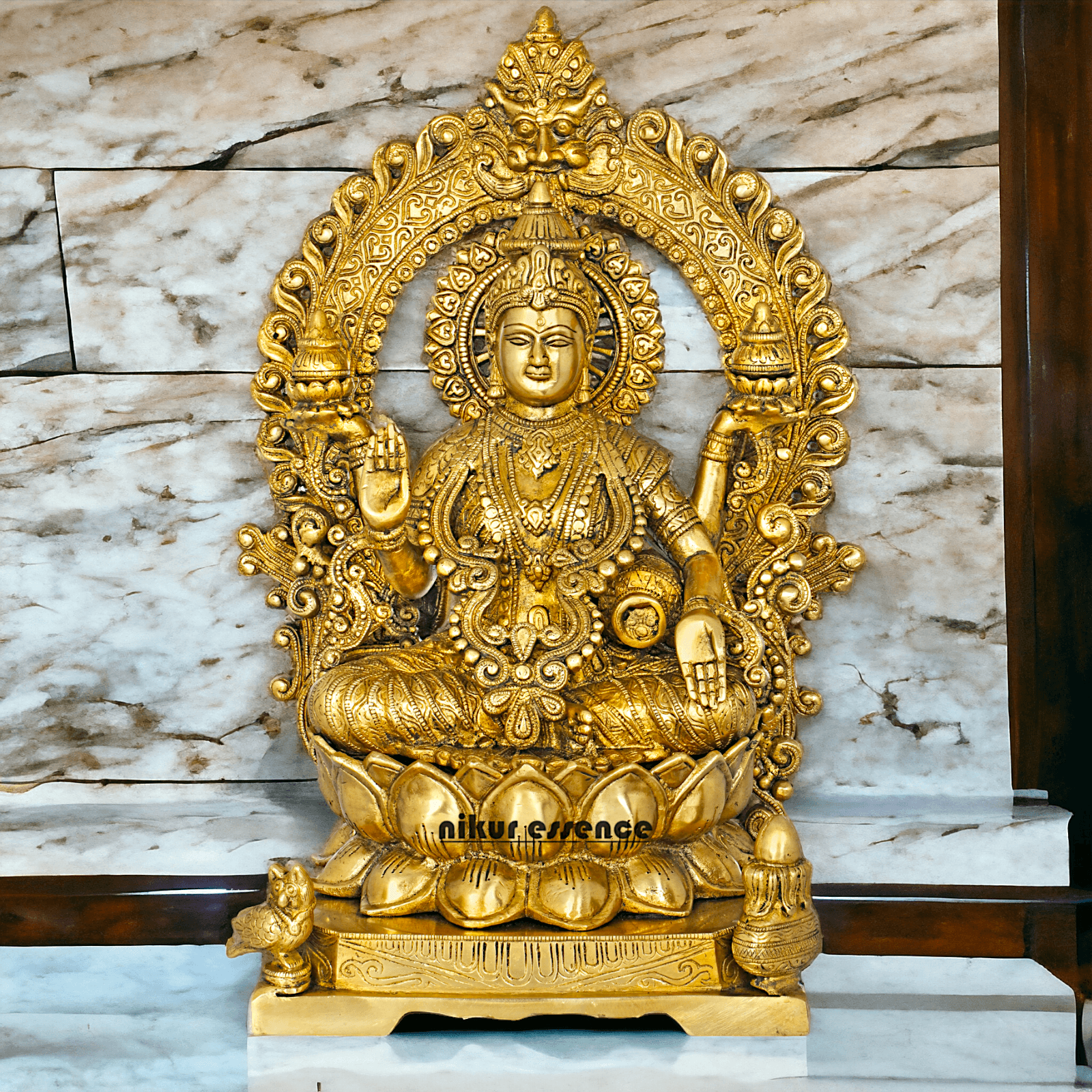 Pure Brass Lakshmi Seated on Lotus Throne with Kirtimukha Prabhawali , Hindu Divine Artwork for Home Altar Decor and Spiritual Grace