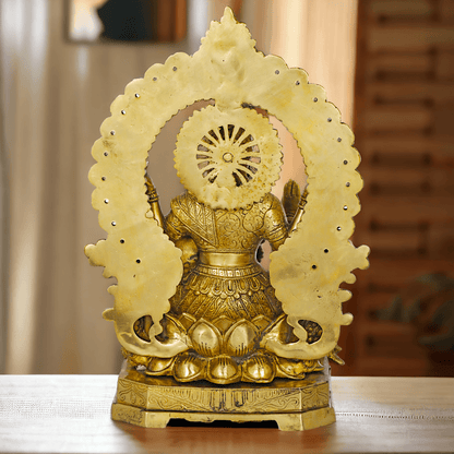 Pure Brass Lakshmi Seated on Lotus Throne with Kirtimukha Prabhawali , Hindu Divine Artwork for Home Altar Decor and Spiritual Grace