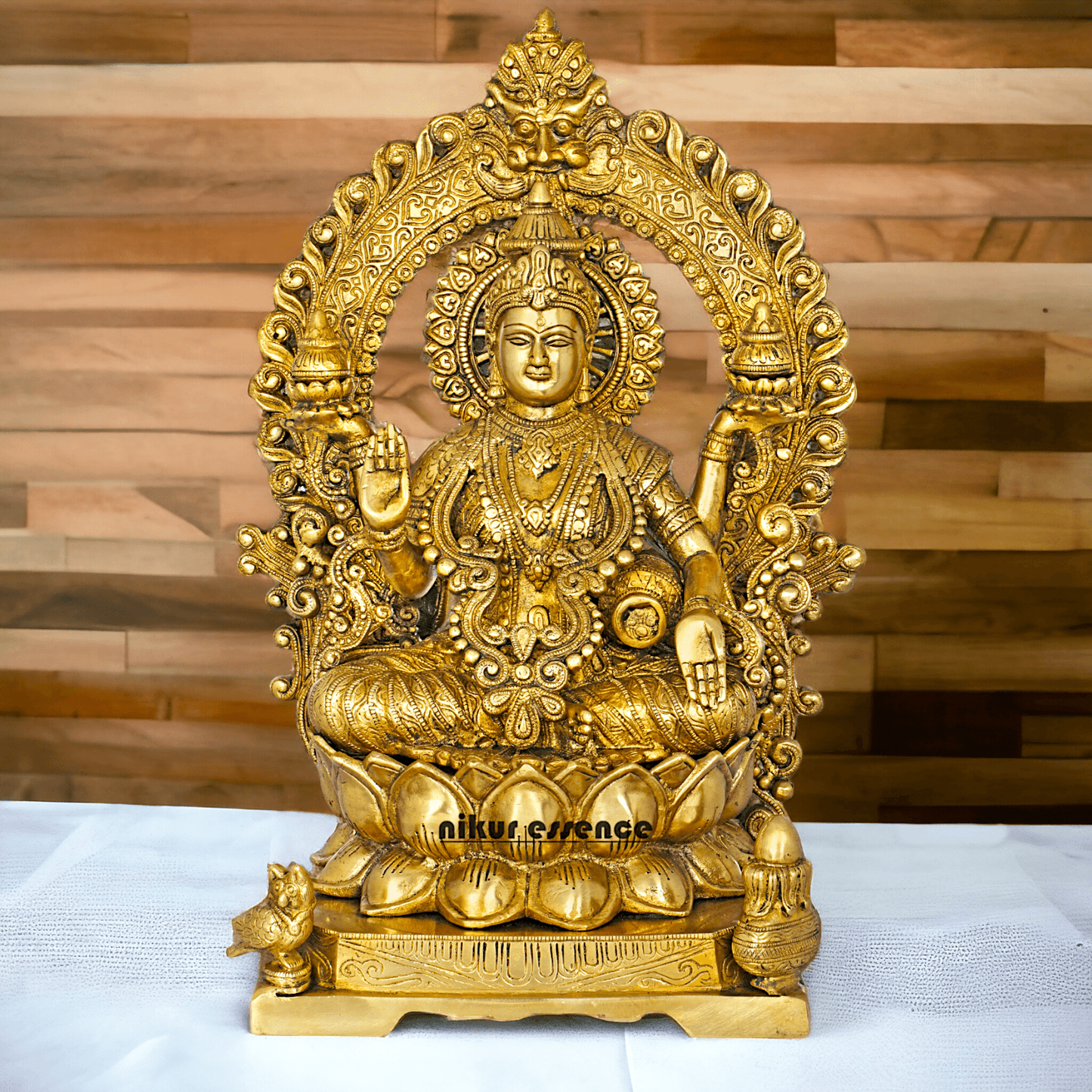 Pure Brass Lakshmi Seated on Lotus Throne with Kirtimukha Prabhawali , Hindu Divine Artwork for Home Altar Decor and Spiritual Grace