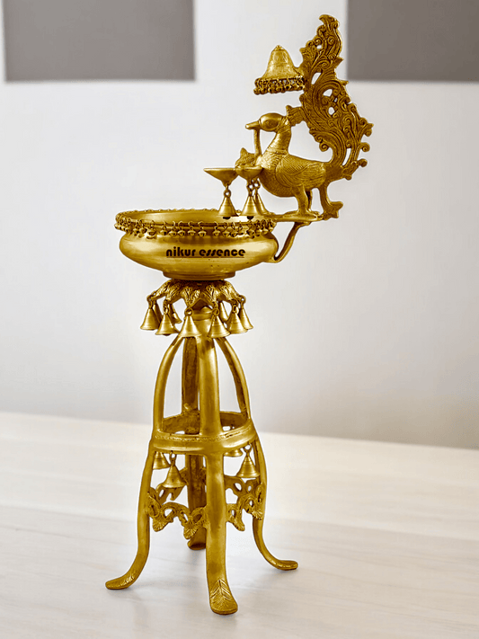 Large Size brass Decorative Lamp with Hanging Bells and Ghungroos, Featuring an Elegant Urli Bowl - 104 cm - Nikuressence