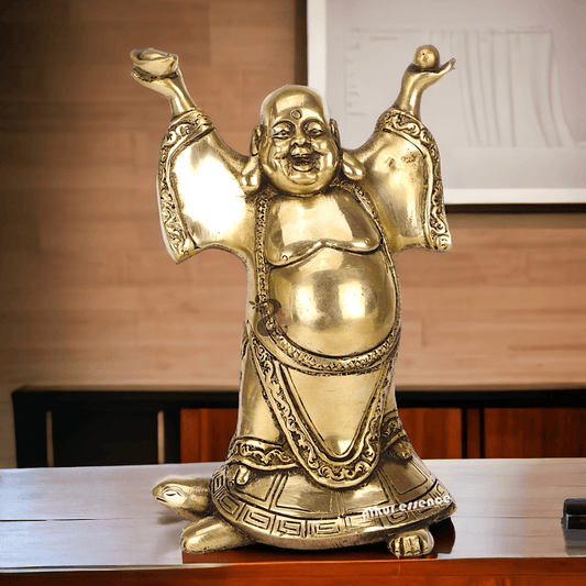 Laughing Buddha Standing on Tortoise Brass Statue – 9 Inches, Symbol of Prosperity and Longevity for Your Home or Office