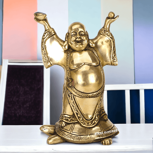 Laughing Buddha Standing on Tortoise Brass Statue – 9 Inches, Symbol of Prosperity and Longevity for Your Home or Office