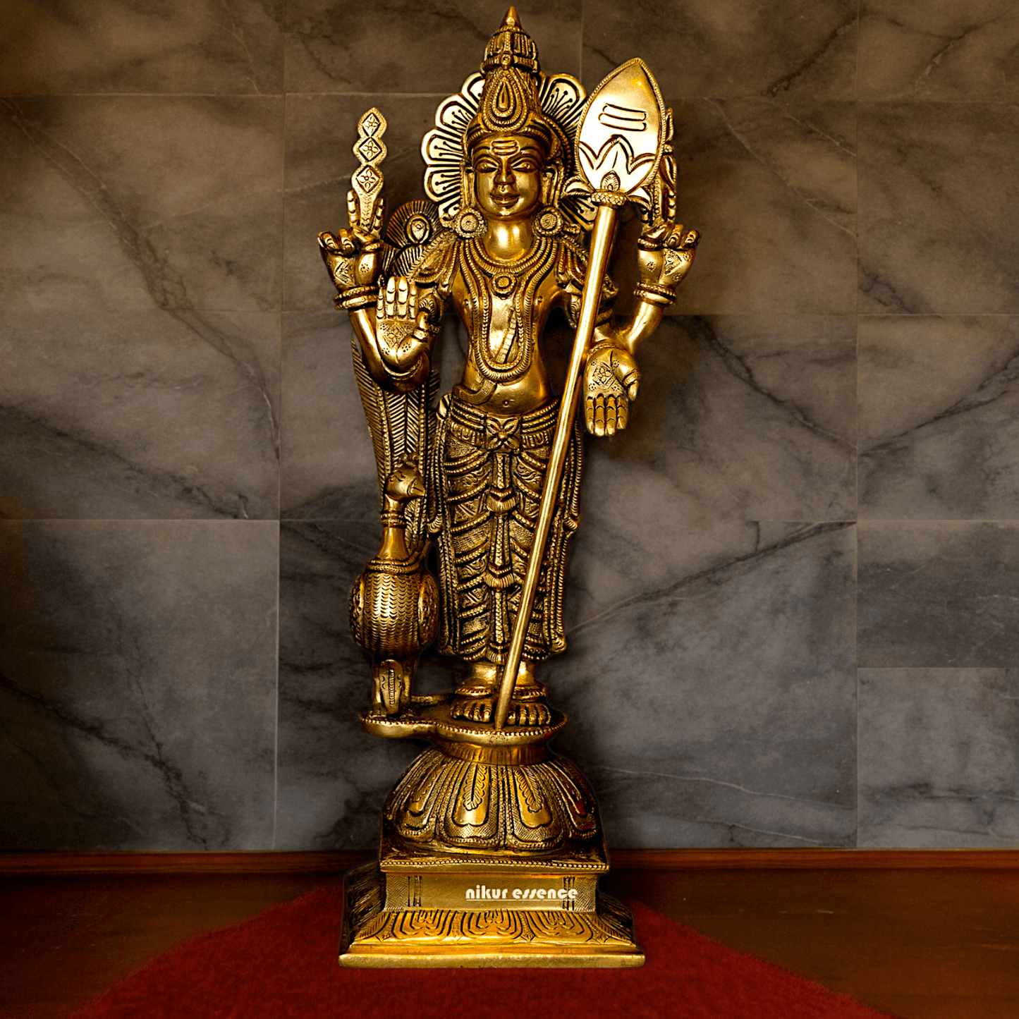 Superfine brass 34 cm Lord Karthikeya Brass Statue - Majestic Handcrafted South Indian Hindu Deity Idols Nikuressence