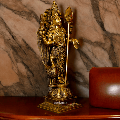 Superfine brass 34 cm Lord Karthikeya Brass Statue - Majestic Handcrafted South Indian Hindu Deity Idols Nikuressence