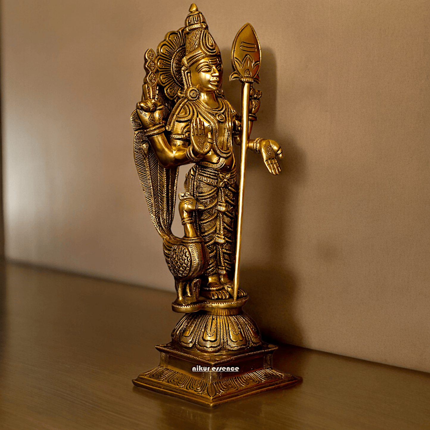 Superfine brass 34 cm Lord Karthikeya Brass Statue - Majestic Handcrafted South Indian Hindu Deity Idols Nikuressence