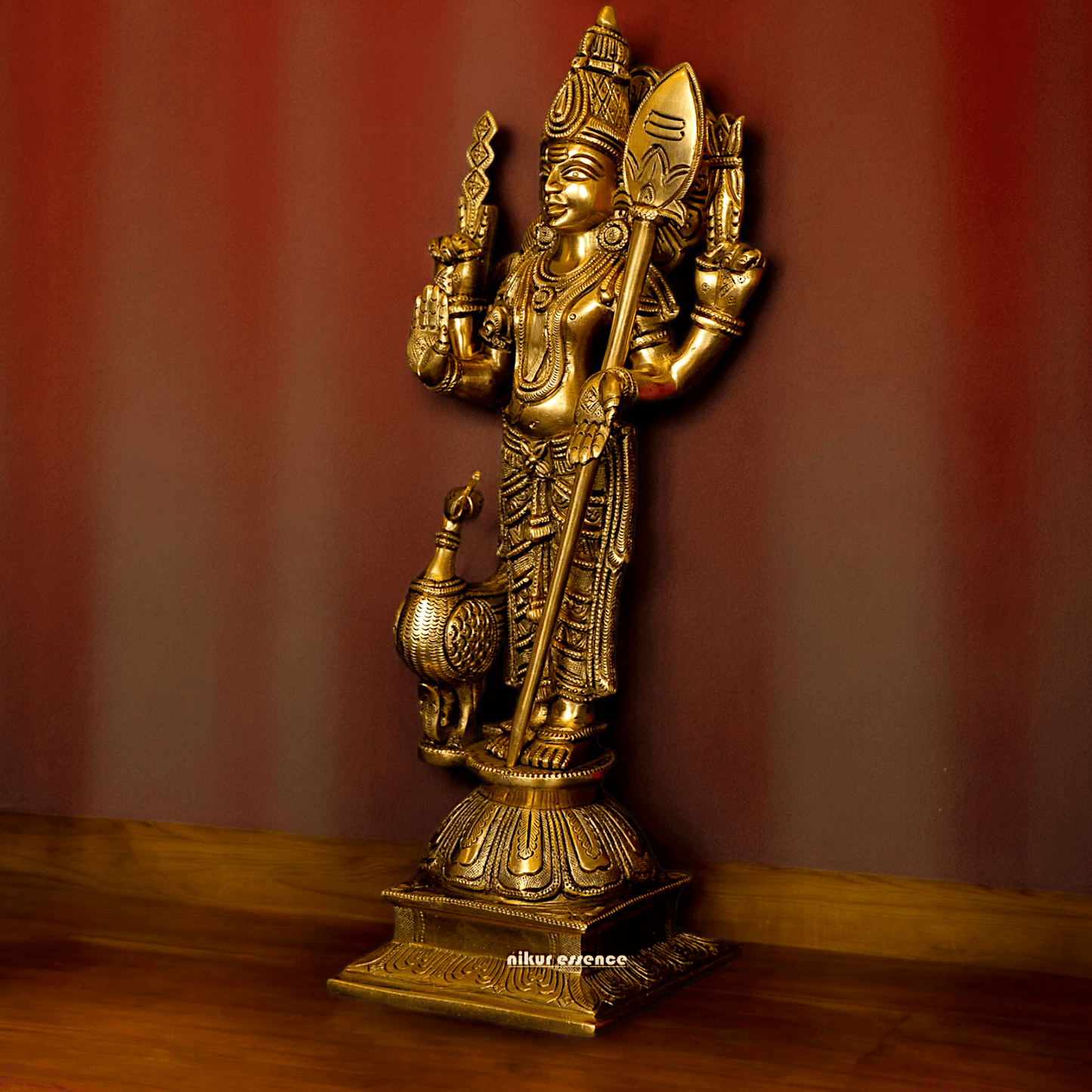 Superfine brass 34 cm Lord Karthikeya Brass Statue - Majestic Handcrafted South Indian Hindu Deity Idols Nikuressence