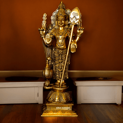 Superfine brass 34 cm Lord Karthikeya Brass Statue - Majestic Handcrafted South Indian Hindu Deity Idols Nikuressence