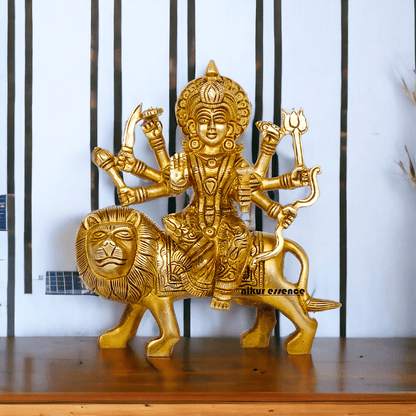 Online Brass Maa Durga Idol Sitting on Lion – 17 cm Majestic Divine Sculpture by Nikur Essence