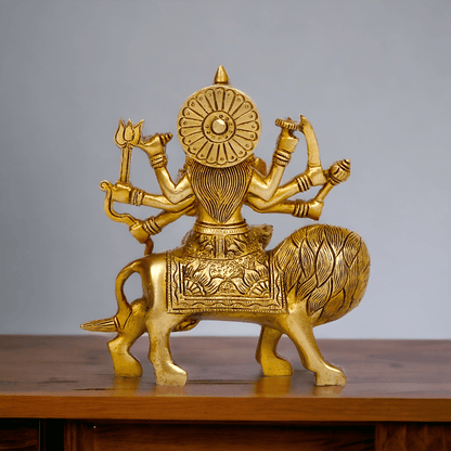 Online Brass Maa Durga Idol Sitting on Lion – 17 cm Majestic Divine Sculpture by Nikur Essence