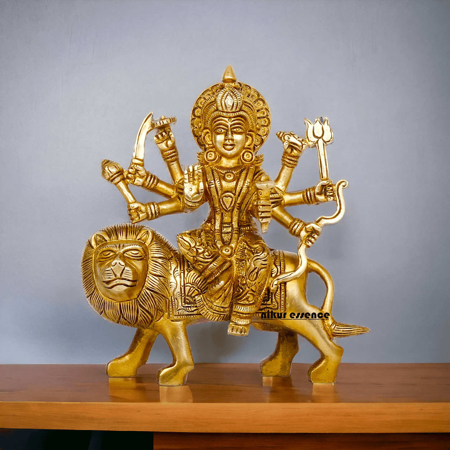 Online Brass Maa Durga Idol Sitting on Lion – 17 cm Majestic Divine Sculpture by Nikur Essence