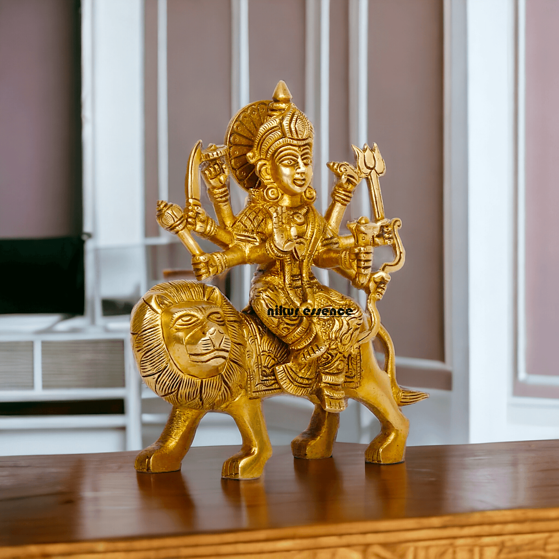 Online Brass Maa Durga Idol Sitting on Lion – 17 cm Majestic Divine Sculpture by Nikur Essence