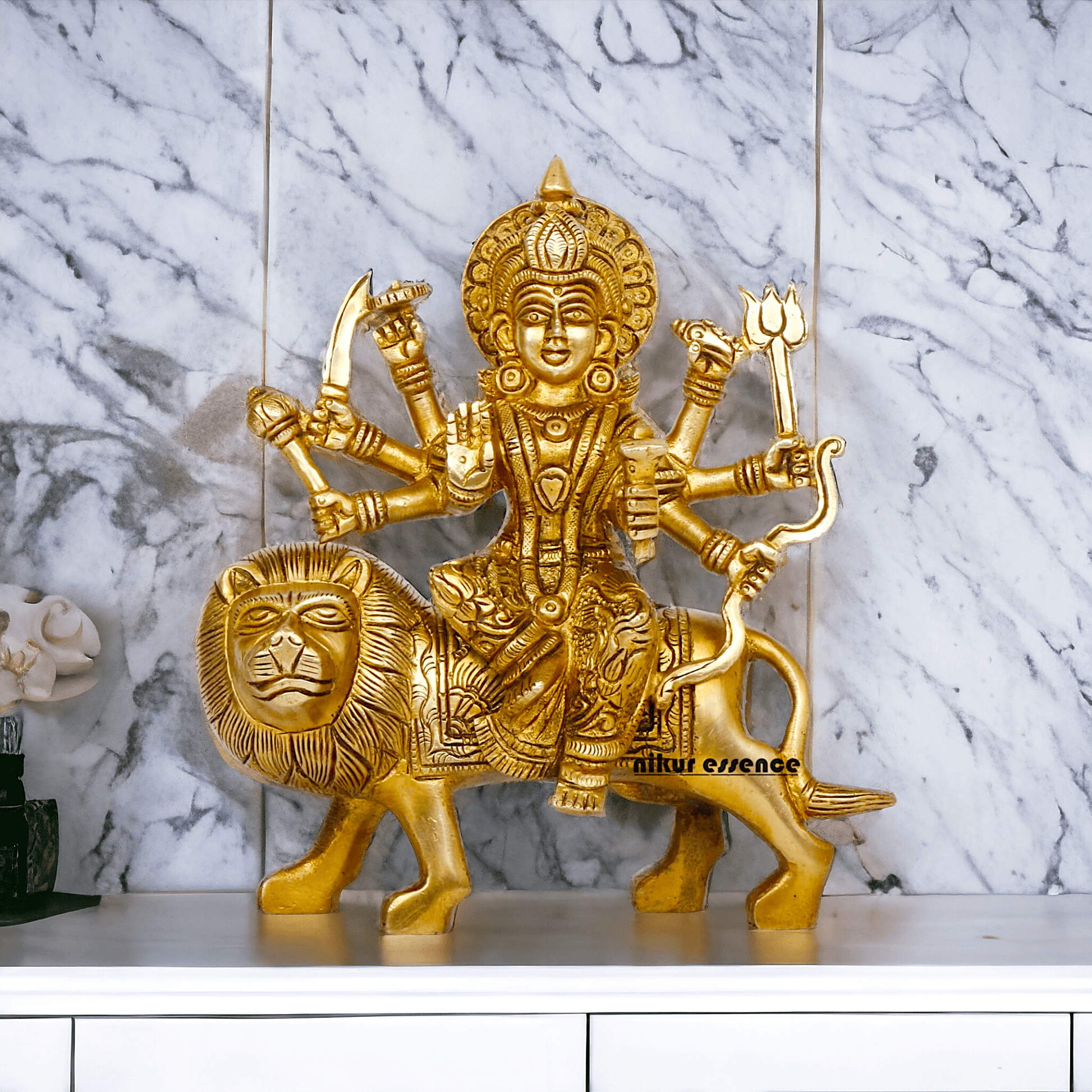 Online Brass Maa Durga Idol Sitting on Lion – 17 cm Majestic Divine Sculpture by Nikur Essence