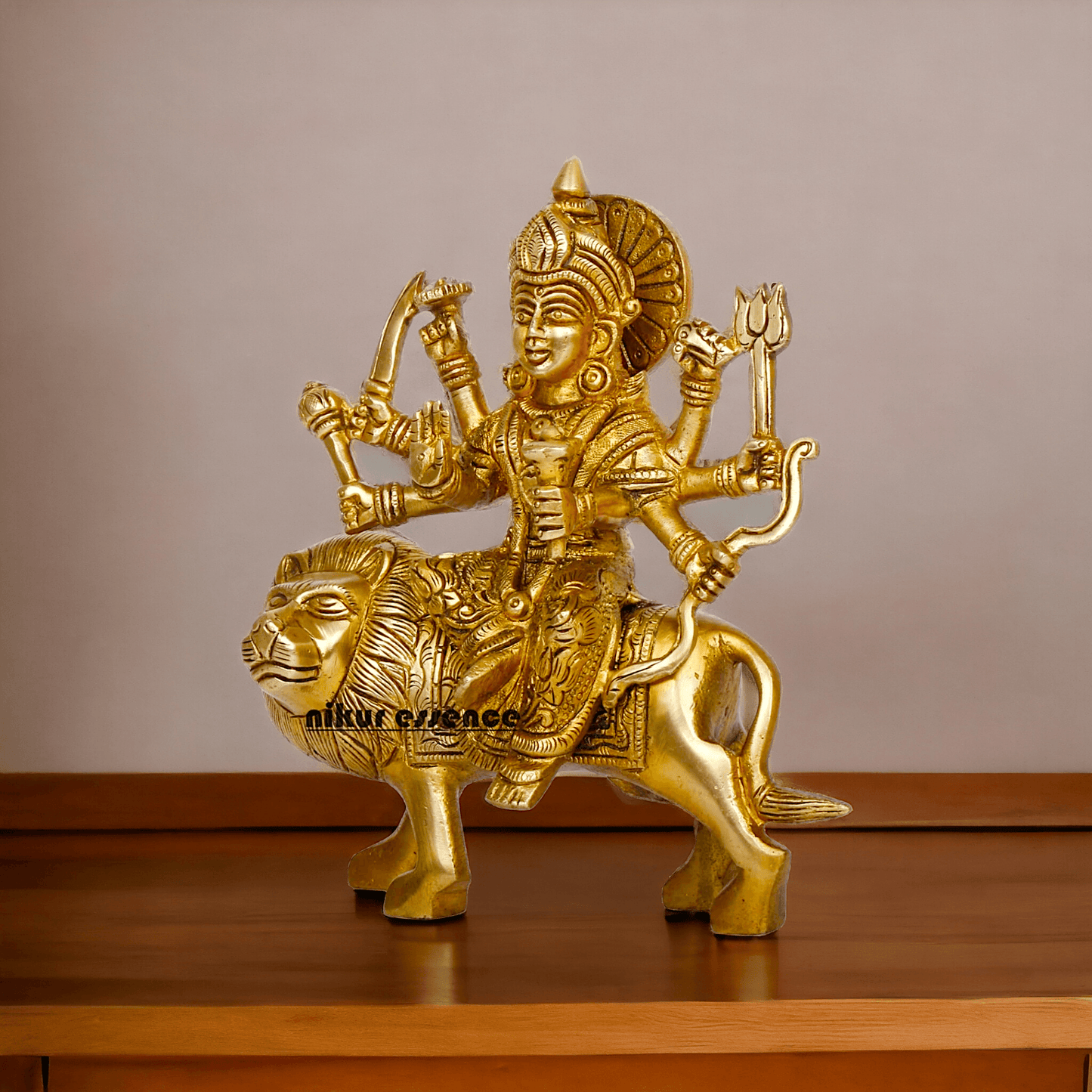 Online Brass Maa Durga Idol Sitting on Lion – 17 cm Majestic Divine Sculpture by Nikur Essence