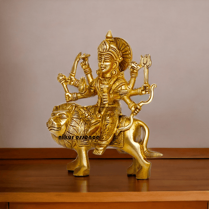 Online Brass Maa Durga Idol Sitting on Lion – 17 cm Majestic Divine Sculpture by Nikur Essence