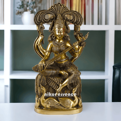 Brass Maa Saraswati Idol buy online ,Handcrafted Hindu Goddess Saraswati Statue for Home Decor Idols Nikuressence