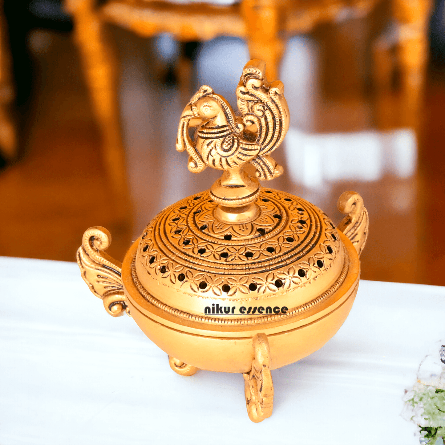 Buy Brass Peacock Dhoop Daani with Intricate Filigree Work and Traditional Design