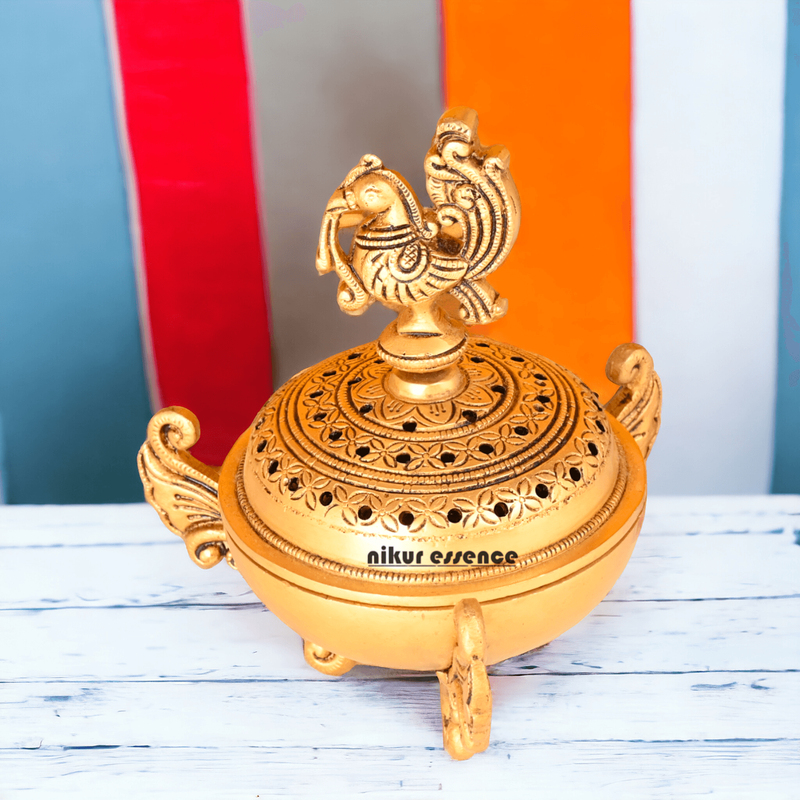 Buy Brass Peacock Dhoop Daani with Intricate Filigree Work and Traditional Design