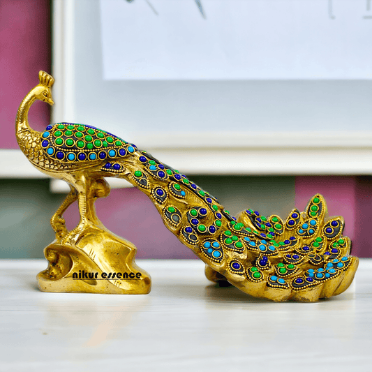 Brass Peacock Idol with Stone work - 12 inch