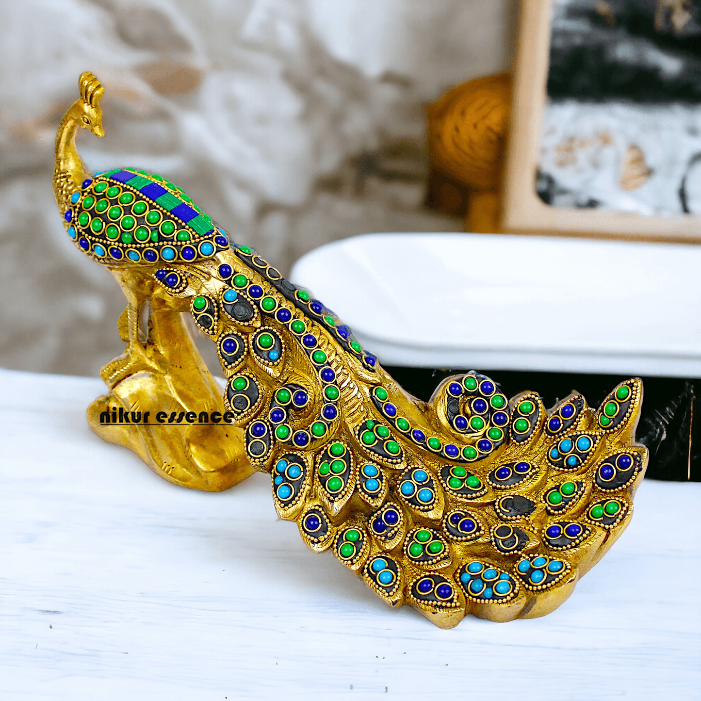 Brass Peacock Idol with Stone work - 12 inch